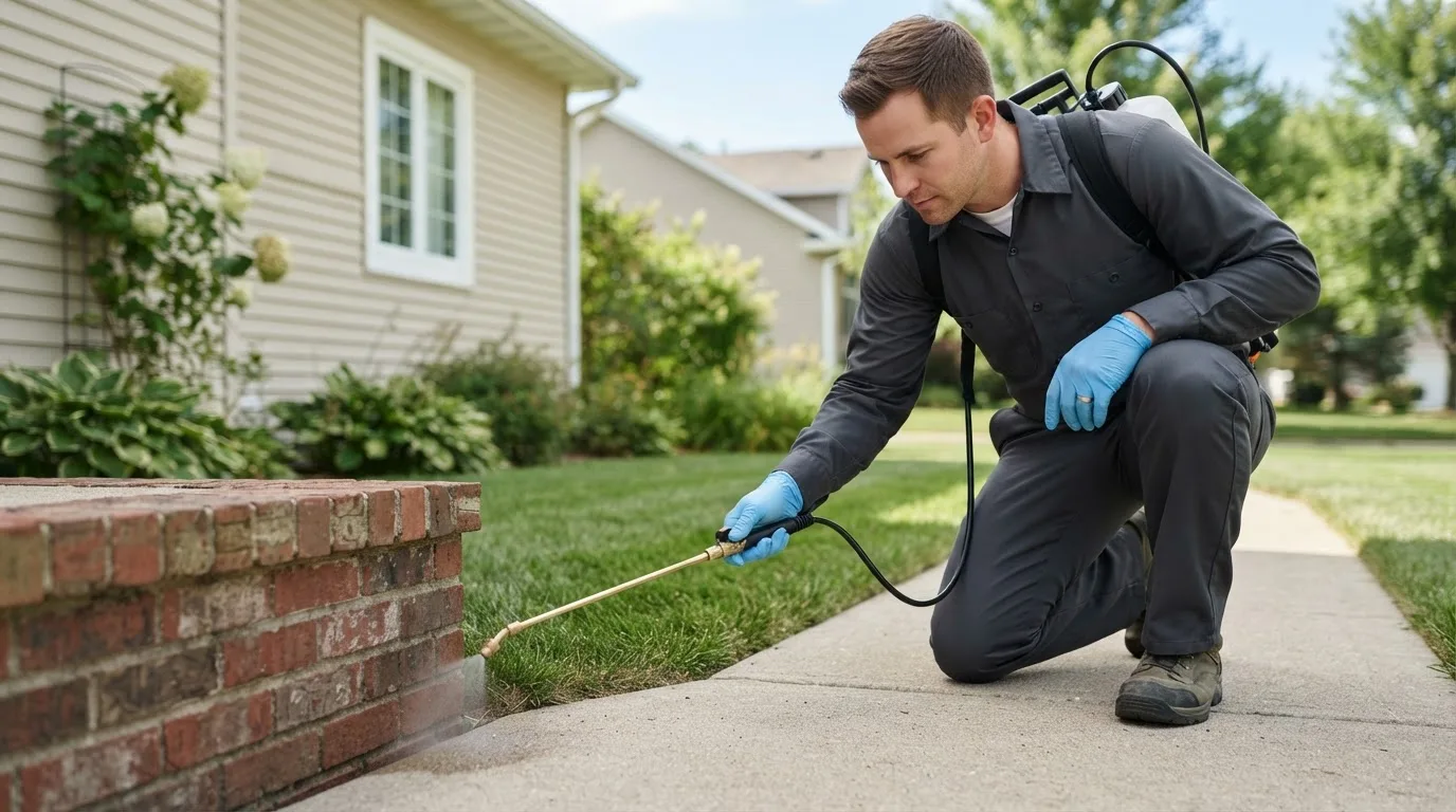 Pest control technician treating a home near Bathgate, ND