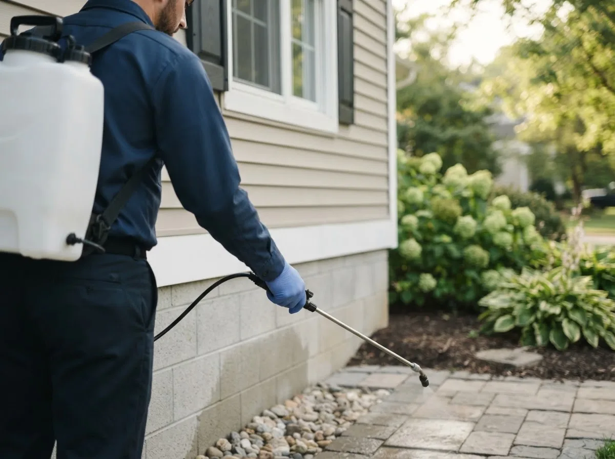 Pest control technician inspecting a home in Bathgate, ND